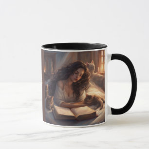 Coffee Cats & Books Frau liest im Bett mit Katzen Tasse