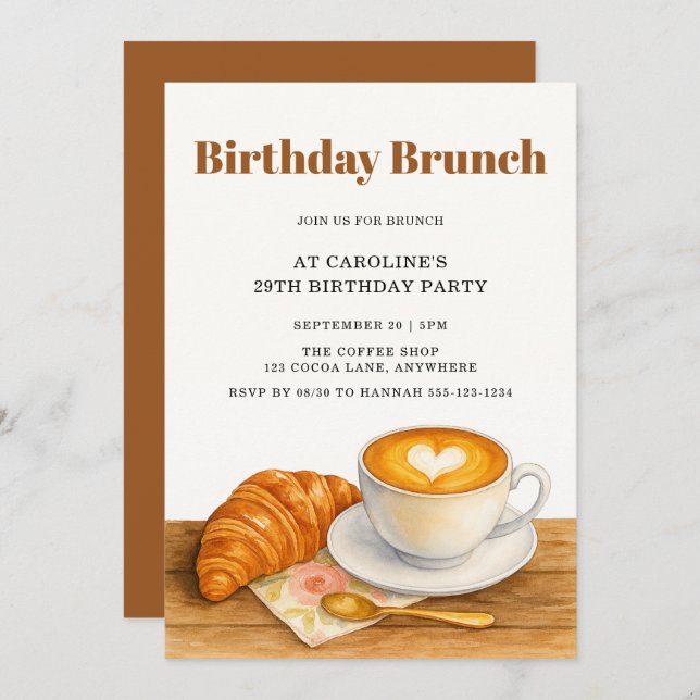 Coffee & Croissant 29th Adult Birthday Brunch Einladung (Vorne/Hinten)