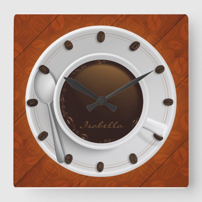 Coffee Cup & Coffee Beans Monogrammed Wall Clock Quadratische Wanduhr (Vorderseite)