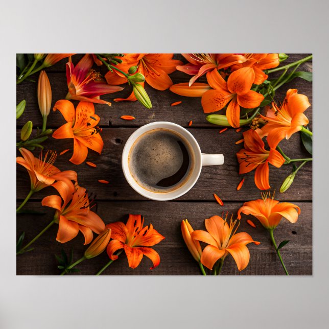 Coffee cup surrounded by vibrant orange flowers poster (Vorne)