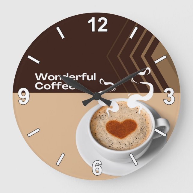Coffee Cup Wall Clock – Cozy Cafe Kitchen Home Dec Große Wanduhr (Vorderseite)