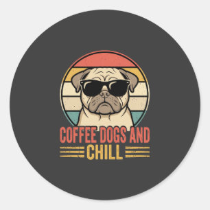 Coffee Dogs und Chill Retro Pug Runder Aufkleber