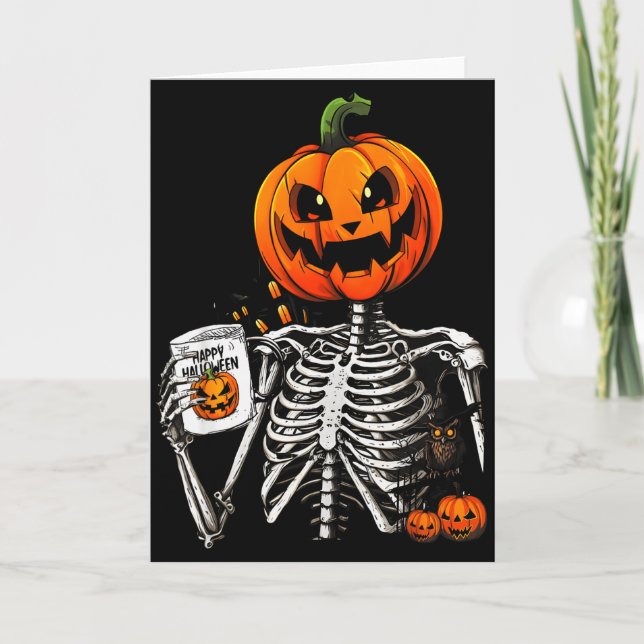 Coffee Drinking Skeleton Pumpkin Halloween Costume Karte (Vorderseite)