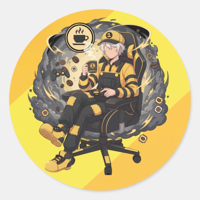 Coffee Gamer Anime Boy Yellow Aesthetic Art Runder Aufkleber (Vorderseite)