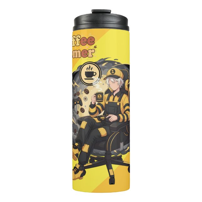 Coffee Gamer Anime Boy Yellow Aesthetic Art Thermosbecher (Vorderseite)