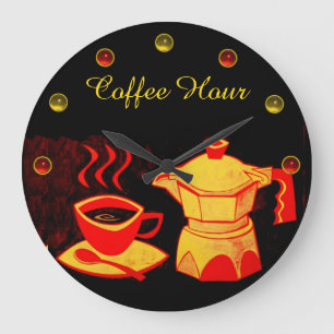COFFEE HOUR /Red Yellow Coffee Cup and Coffeepot Große Wanduhr