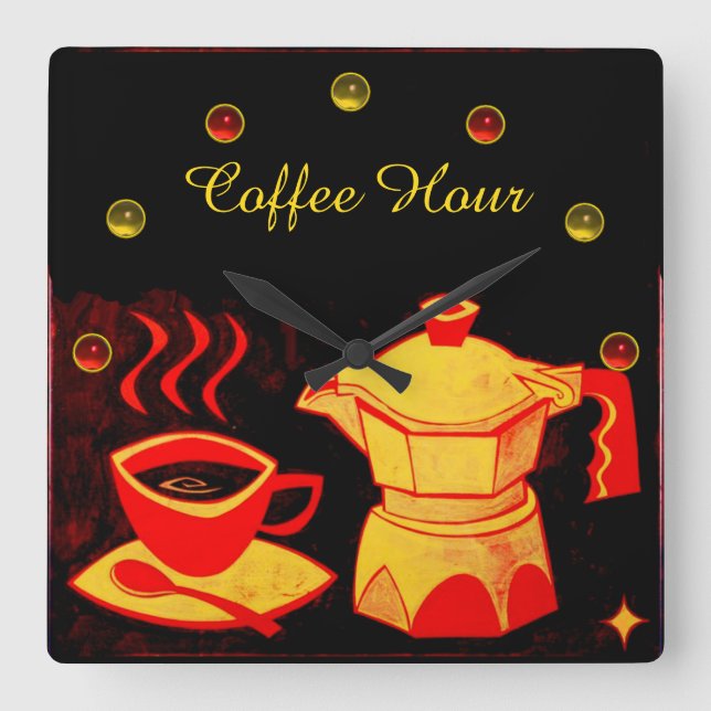 COFFEE HOUR /Red Yellow Coffee Cup and Coffeepot Quadratische Wanduhr (Vorderseite)