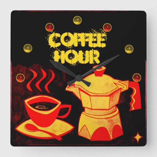 COFFEE HOUR /Red Yellow Coffee Cup and Coffeepot Quadratische Wanduhr (Vorderseite)