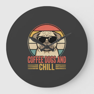 Coffee Hunde und Chill Retro Pug Große Wanduhr