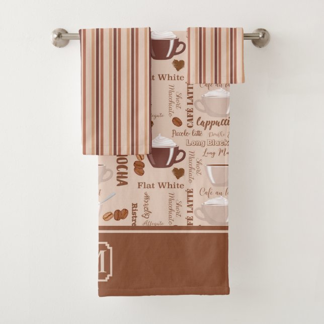 Coffee Images Stripe Muster Monogramm Badhandtuch Set (Insitu)