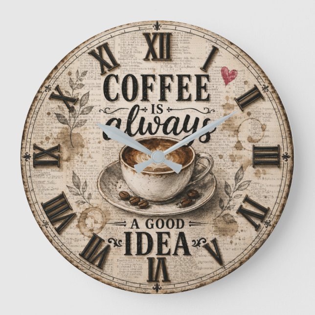Coffee Is Always a Good Idea  Rustic Café Decor Große Wanduhr (Vorderseite)