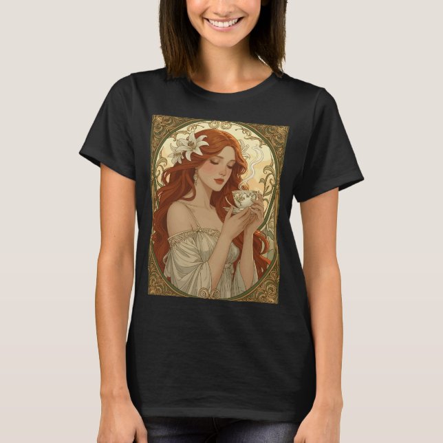 Coffee Lover And Lily Flowers Art Nouveau T-Shirt (Vorderseite)