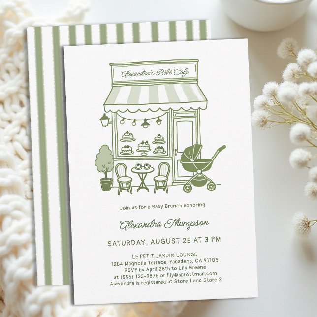 Coffee Lover Bebe Brewing Brunch Green Baby Shower Einladung (baby shower brunch invitation coffee theme brewing olive green bistro hand drawn modern chic)