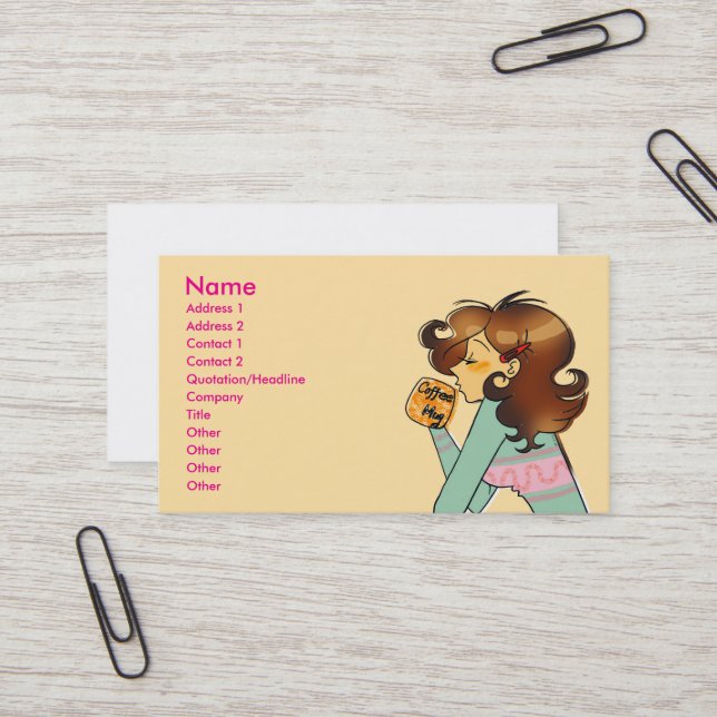 Coffee Lover Girl Business Card Kunst Visitenkarte (Vorderseite/Rückseite Beispiel)