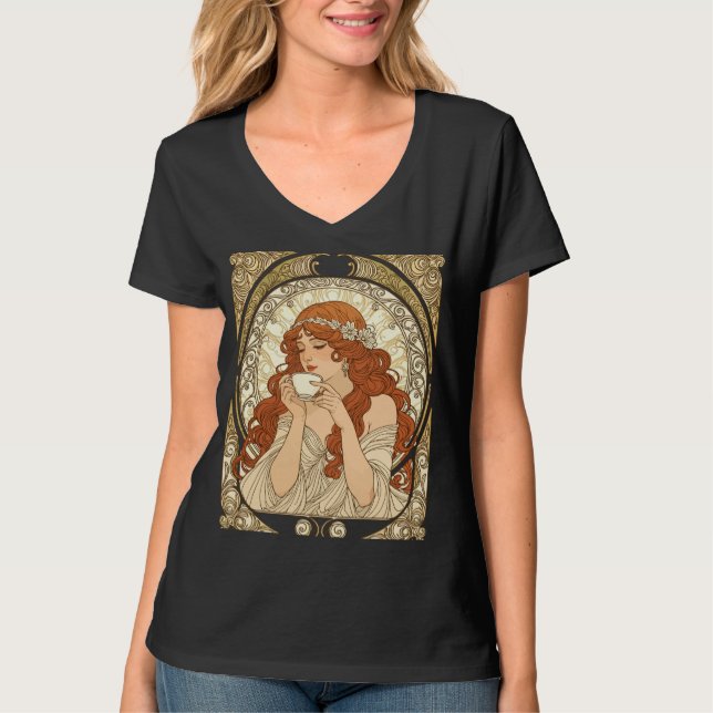 Coffee Lover in the Style of Mucha Art Nouveau T-Shirt (Vorderseite)