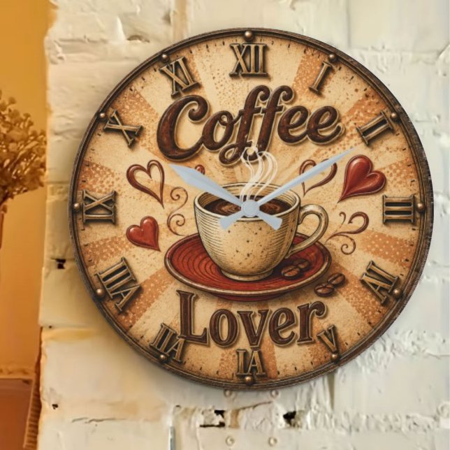 Coffee Lover  Rustic Farmhouse Coffee Cup Große Wanduhr (Von Creator hochgeladen)