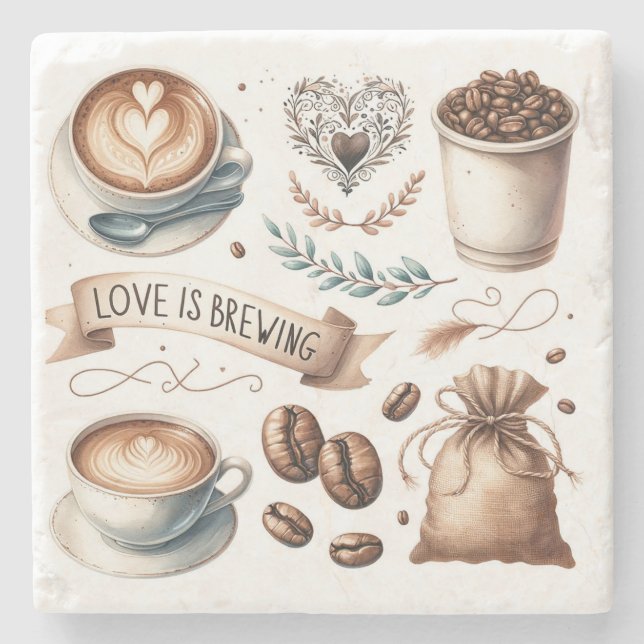Coffee Lovers Thema Illustriert Latte Steinuntersetzer (Vorderseite)