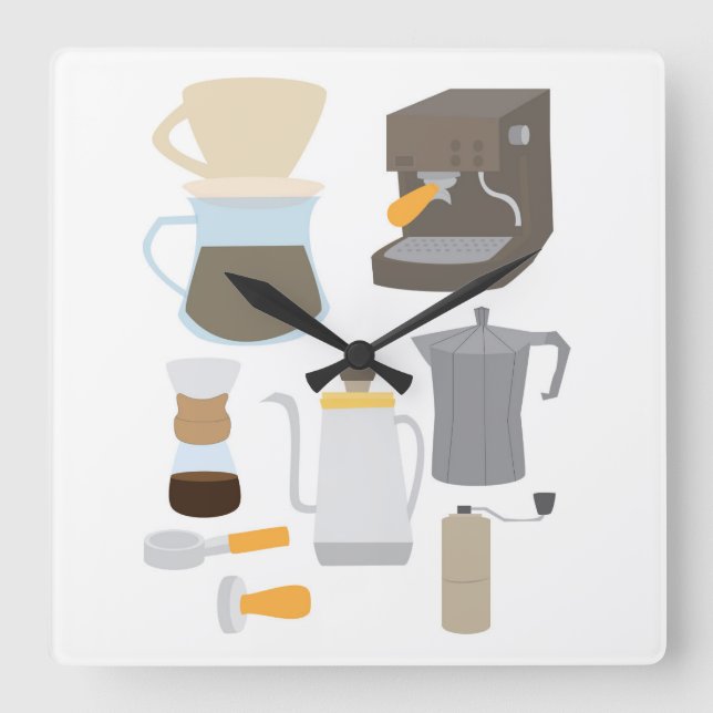 Coffee Maker Tools Quadratische Wanduhr (Vorderseite)
