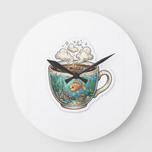 Coffee Ocean – Whimsical Fish in einer Tasse Wandu Große Wanduhr