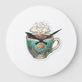 Coffee Ocean – Whimsical Fish in einer Tasse Wandu Große Wanduhr