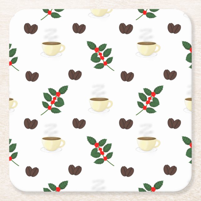Coffee Pattern with Beans, Cups, and Coffee trees Rechteckiger Pappuntersetzer (Vorderseite)
