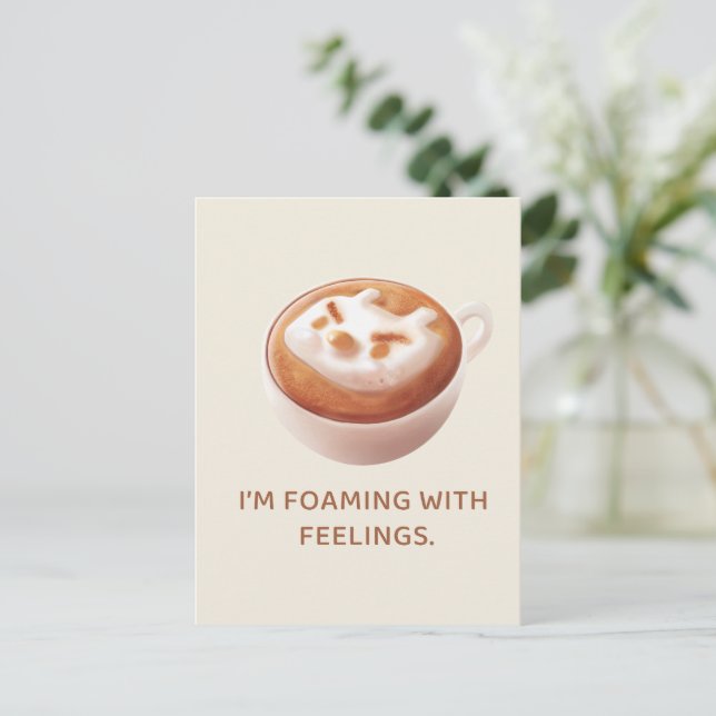 Coffee Pun: Iron T Foaming With Feelings Art Ankündigungspostkarte (Stehend Vorderseite)