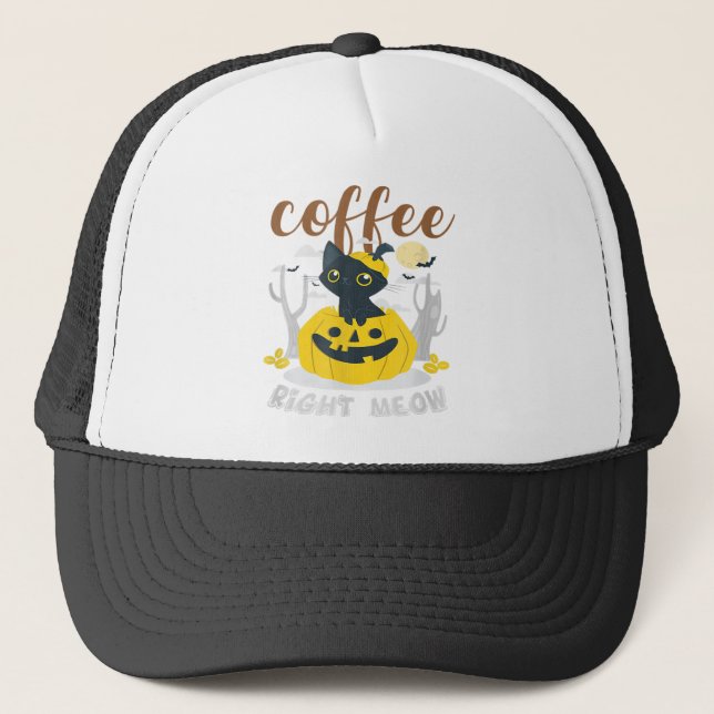 Coffee Right Meow Cat Coffeine Funny Halloween Ei Truckerkappe (Vorderseite)