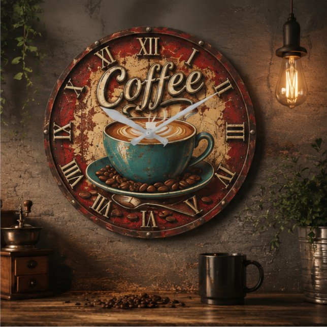 Coffee Rustic Farmhouse Bar Vintage Kitchen  Große Wanduhr (Von Creator hochgeladen)