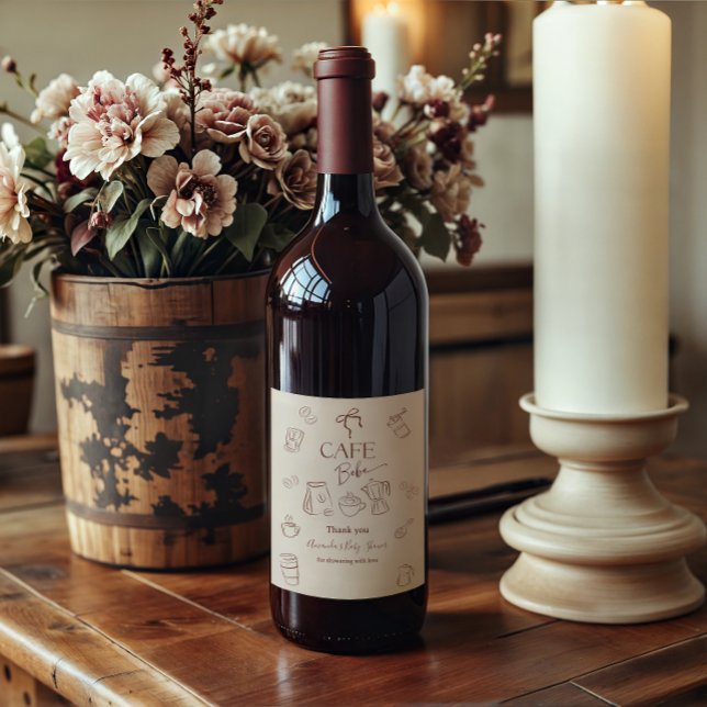 Coffee Theme Beige Cafe Bebe Brewing Baby Shower Weinetikett (Von Creator hochgeladen)