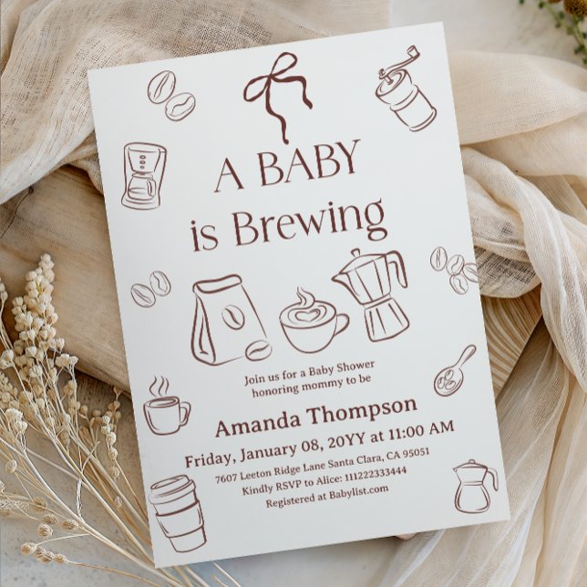 Coffee Theme Neutral Bow Brewing Baby Shower Einladung (Von Creator hochgeladen)
