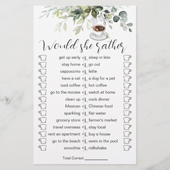 Coffee Themed Dusche Brautparty Game Card Flyer (Vorne)