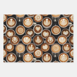 Coffee Themed Wrapping Paper Flat Sheet Set of 3 Geschenkpapier Set