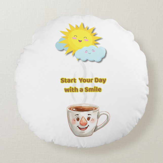 Coffee Time – Cute Smiling Cup Rundes Kissen (Vorderseite)