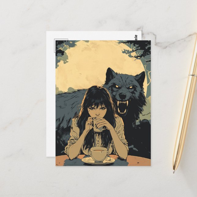 Coffee With the Wolf Postkarte (Vorderseite/Rückseite Beispiel)