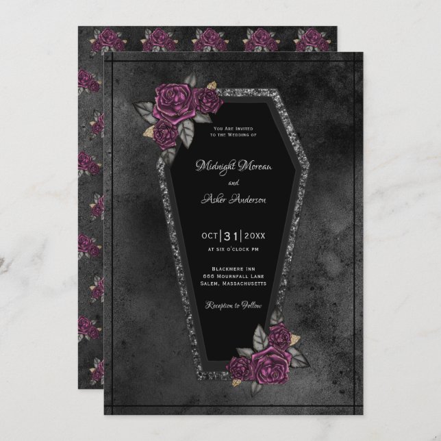 Coffin Black Gray Rose Sparkle Halloween Hochzeit Einladung (Vorne/Hinten)