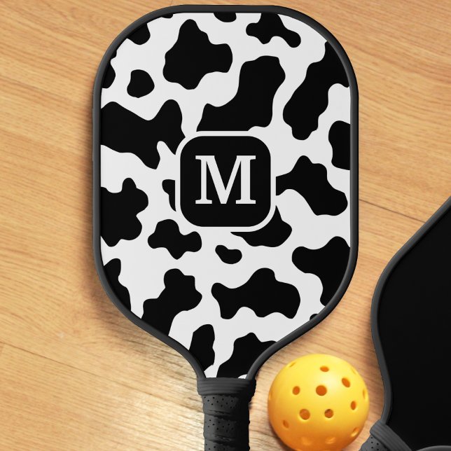 Cohn Animal Print Gepunktet Black & White Monogram Pickleball Schläger (Cow Animal Print Spotted Black & White Monogram Pickleball Paddle)