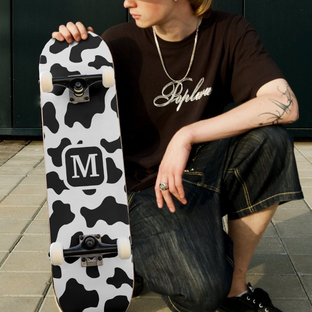 Cohn Animal Print Gepunktet Black & White Monogram Skateboard (Cow Animal Print Spotted Black & White Monogram Skateboard)
