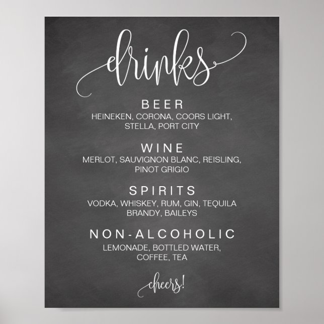Cohol Cocktail Drinks Bar Editable Wedding Sign Poster (Vorne)