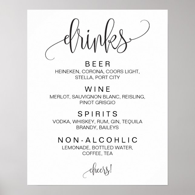 Cohol Cocktail Drinks Bar Editable Wedding Sign Poster (Vorne)