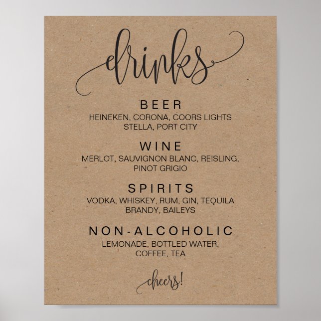 Cohol Cocktail Drinks Bar Editable Wedding Sign Poster (Vorne)