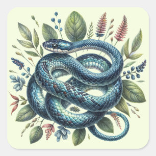 Coiled Snake Botanische Wasserfarbe Kunst Quadratischer Aufkleber