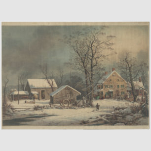Cold Morning Farm Scene Currier & Ives Decoupage Seidenpapier