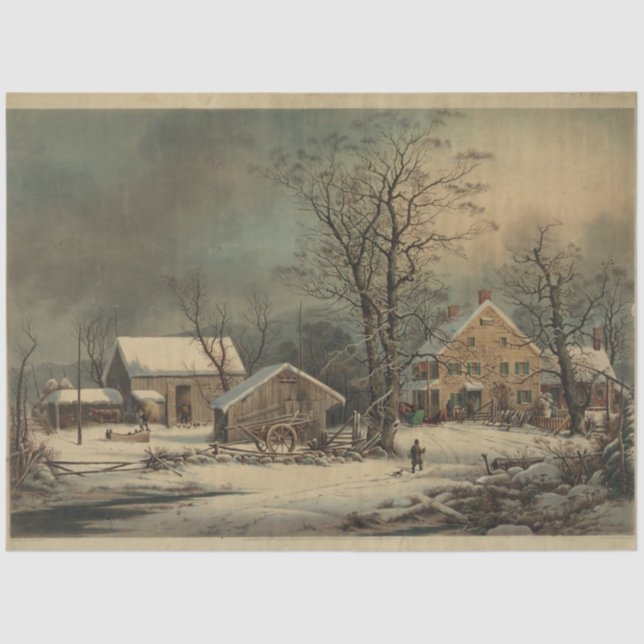 Cold Morning Farm Scene Currier & Ives Decoupage Seidenpapier (Vorderseite)