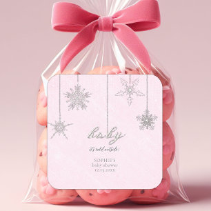 Cold Outdoor Glitzer Schneeflocken Pink Babydusche Quadratischer Aufkleber
