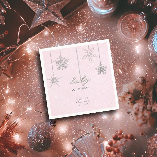 Cold Outdoor Glitzer Schneeflocken Pink Babydusche Serviette (baby cold outside pink christmas girl baby shower personalized napkin snowflakes rhinestones glitter)