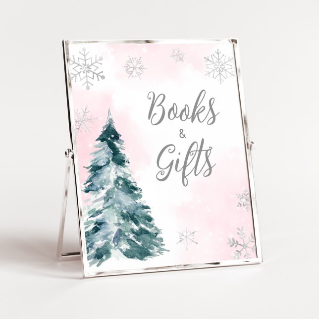 Cold Outdoor Pink Winterbücher und Geschenke Poster (Pink Silver Pine Tree Baby Shower Books and Gifts Sign)