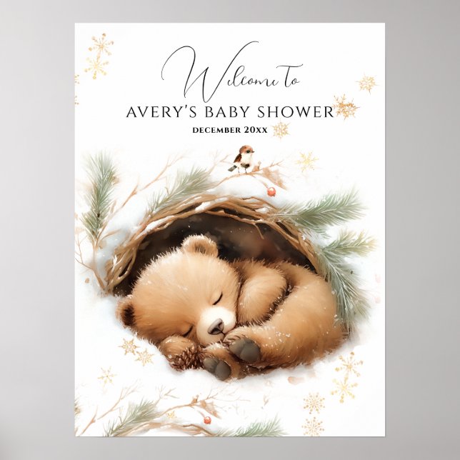 Cold Outdoor Woodland Bear Winter Baby Dusche Poster (Vorne)