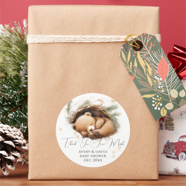 Cold Outdoor Woodland Bear Winter Baby Dusche Runder Aufkleber (Feiertag)