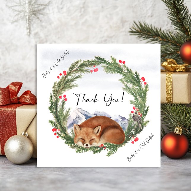 Cold Outdoor Woodland Fox Winter Baby Dusche Dankeskarte (Cold Outside Woodland Fox Winter Baby Shower Thank You Card)