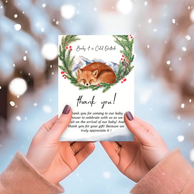Cold Outdoor Woodland Fox Winter Baby Dusche Dankeskarte (Cold Outside Woodland Fox Winter Baby Shower Thank You Card)